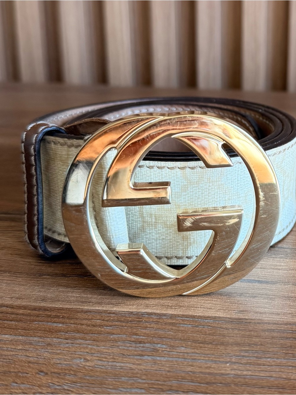 Gucci Beige Canvas Belt with Gold Double G Buckle